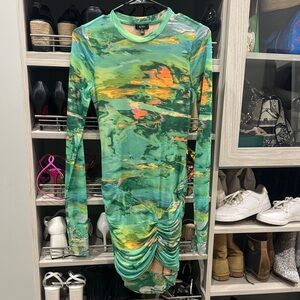AFRM Green Marble Print Long Sleeve Ruched Dress